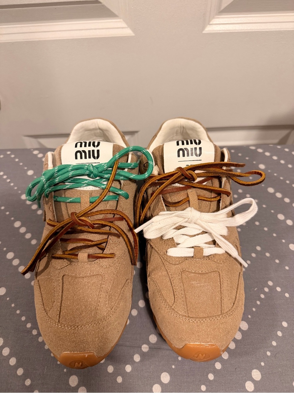 Miu Miu / New Balance Beige Suede Sneakers with Green, Brown and White Laces